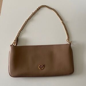 Pinko Brown Leather Shoulder Bag with Gold Chain